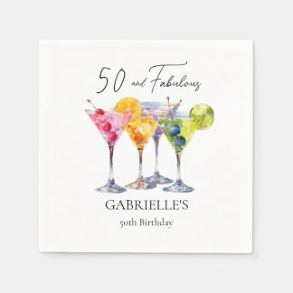 Serviette En Papier Cocktail Martini Aquarelle Joyeux 50e Anniversaire