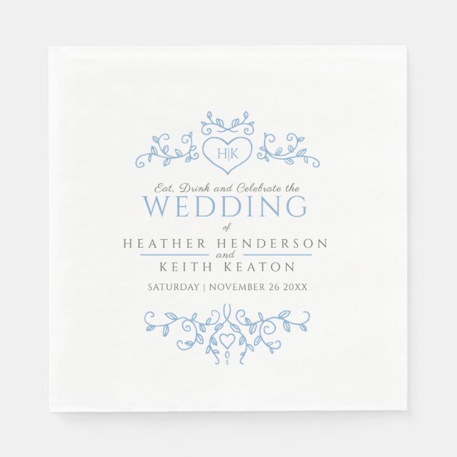 Serviette En Papier Coeur d'art feuille monogramme bleu blanc mariage (Devant)