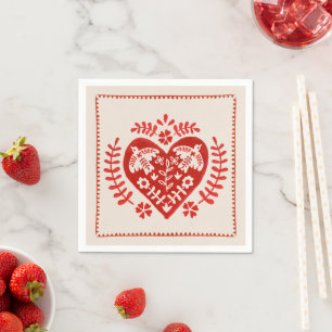 Serviette En Papier Coeur d'art populaire rouge et blanc