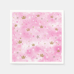 Serviette En Papier Cœur de Princesse Rose Étoiles et Couronnes Fête d