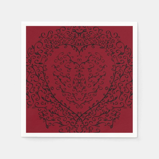 Serviette En Papier Coeur gothique rouge et noir Mariage élégant (Devant)