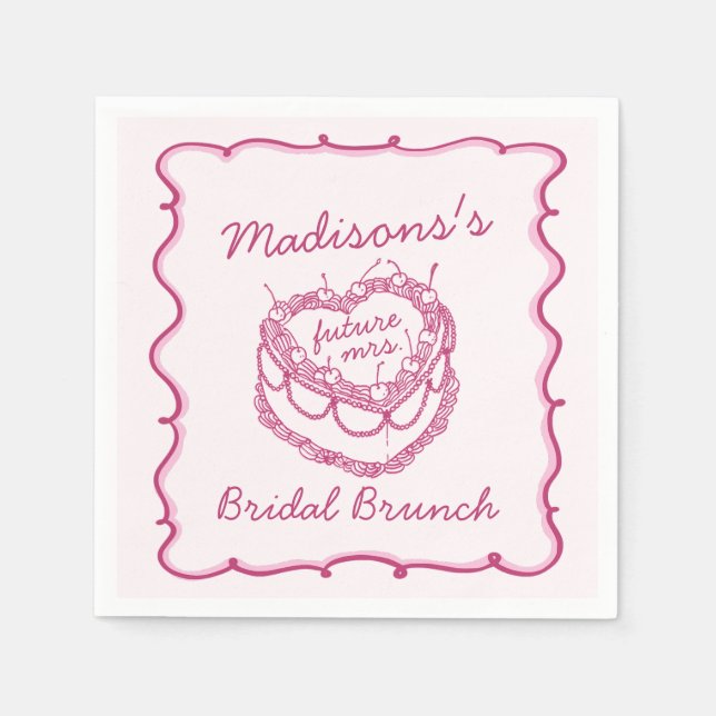 Serviette En Papier Coeur rose rétro Coquette gâteau cerise Mariée Bru (Devant)