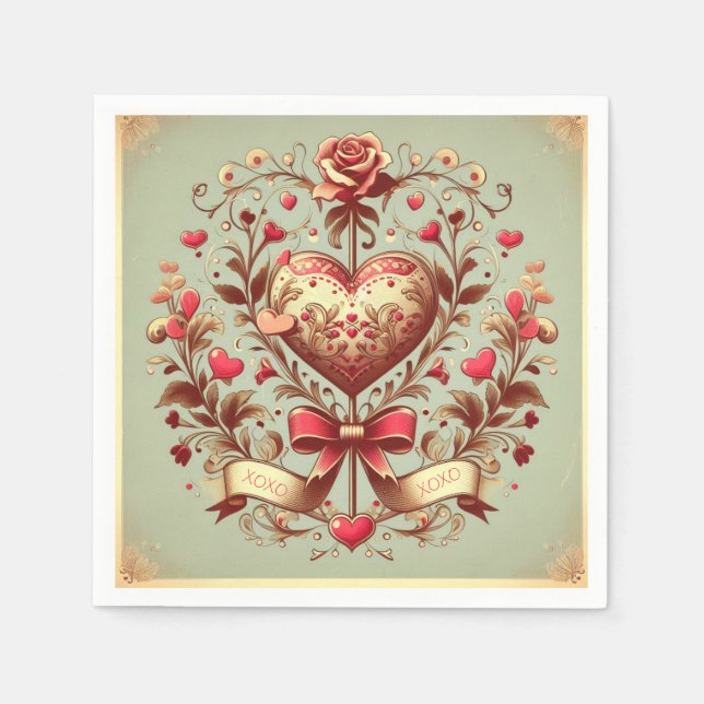 Serviette En Papier Coeur vintage Valentine's day xoxo (Devant)