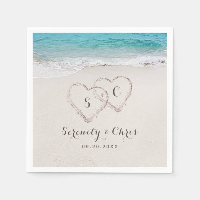Serviette En Papier Coeurs dans le sable destination mariage plage (Devant)