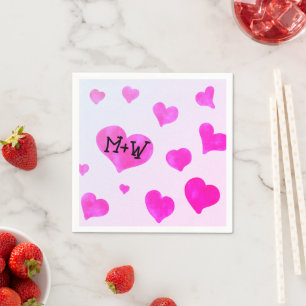 Serviette En Papier Coeurs d'aquarelle rose Personnalisé Nom de couple