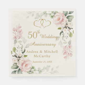 Serviette En Papier Coeurs de feuillage rose 50e anniversaire de Maria