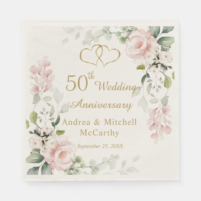 Serviette En Papier Coeurs de feuillage rose 50e anniversaire de Maria (Devant)