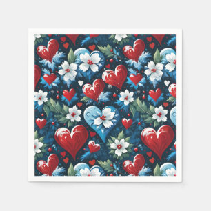 Serviette En Papier Coeurs de Noël floraux en bleu rouge et vert