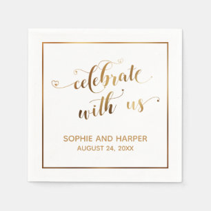 Serviette En Papier Cœurs d'Or & Bordure Célébrez avec nous, Blanc
