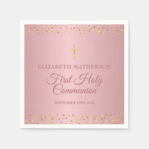 Serviette En Papier Coeurs d'or du premier Rose de communion