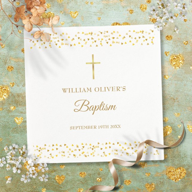 Serviette En Papier Coeurs d'or élégant Baptême Christening (Elegant Gold Hearts Baptism Christening Napkins)