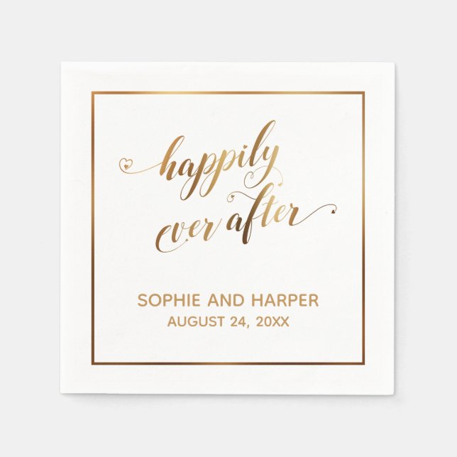 Serviette En Papier Coeurs d'or et frontière heureux toujours après, b (Devant)