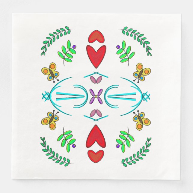 Serviette En Papier Coeurs et papillons Art populaire (Devant)