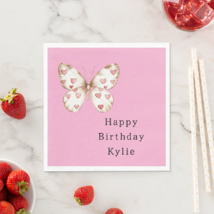 Serviette En Papier Coeurs papillon rose Anniversaire