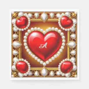 Serviette En Papier Cœurs rouges ornés d'or et de perles