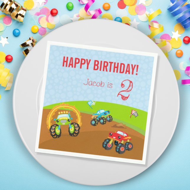 Serviette En Papier Colful Birthday Boy Monster Trucks with Age (Créateur téléchargé)