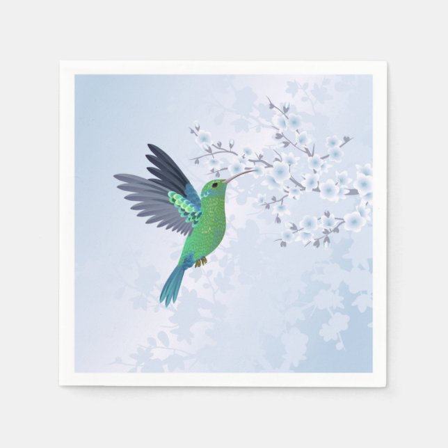 Serviette En Papier Colibri Vert Avec Fleur De Cerisier Bleu (Devant)