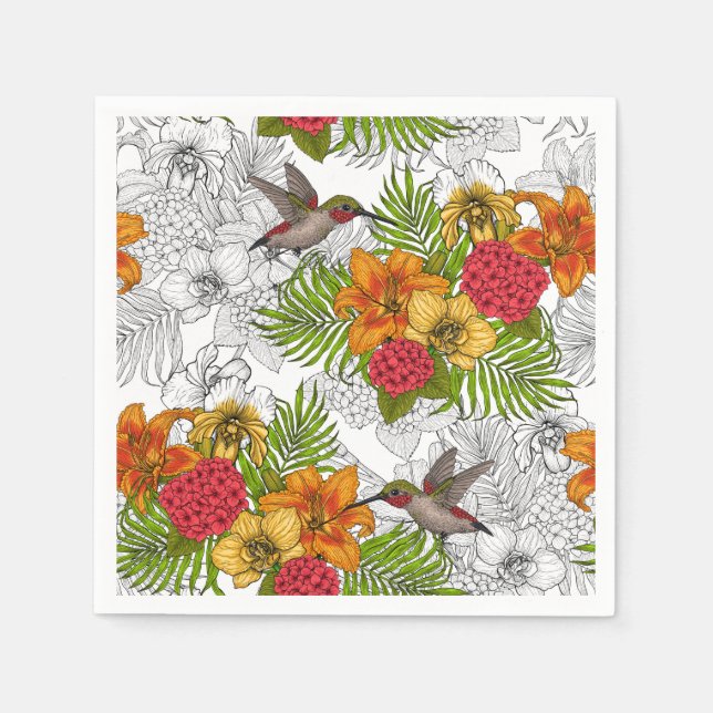Serviette En Papier Colibris et bouquet tropical (Devant)