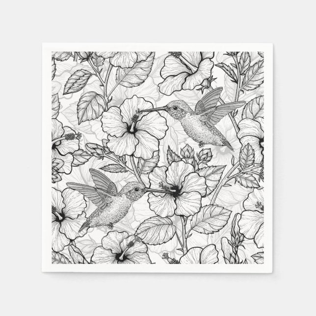 Serviette En Papier Colibris et fleurs d'hibiscus b&w (Devant)