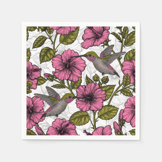 Serviette En Papier Colibris et fleurs d'hibiscus roses (Devant)
