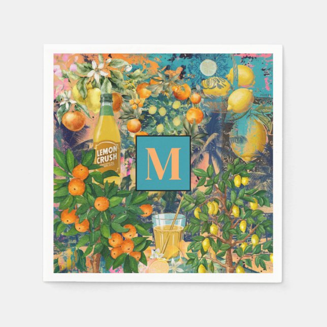 Serviette En Papier collage d'agrumes siciliens bleu orange chic (Devant)