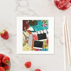 Serviette En Papier Collage de voyage avec des sites touristiques embl