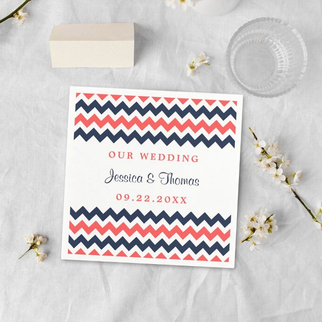 Serviette En Papier Collection Mariage moderne Chevron Marine & Coral (Créateur téléchargé)