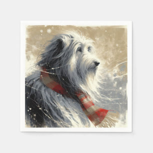 Serviette En Papier Collie À Poils Avec Écharpe D'Hiver À Rayures