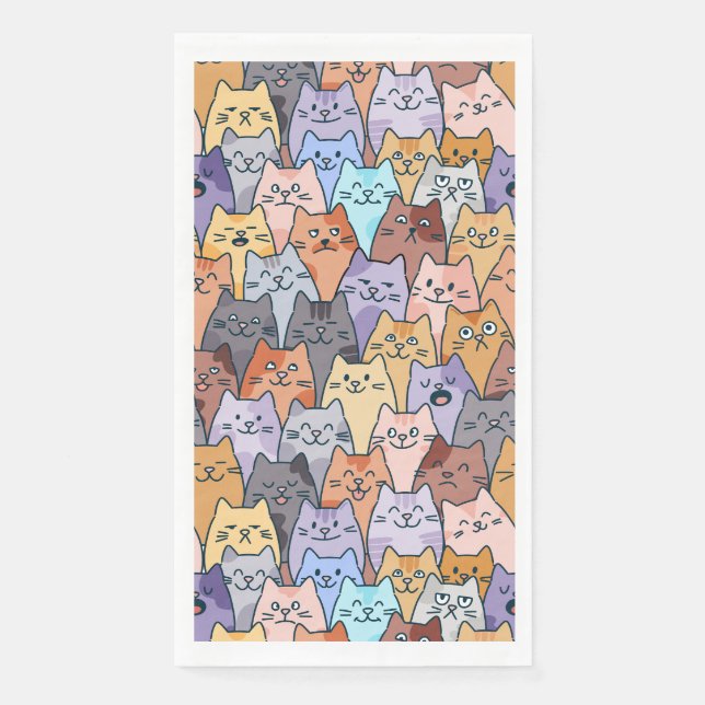 Serviette En Papier Coloré Cute Chat Crowd Motif Whimsical Chat Visage (Devant)