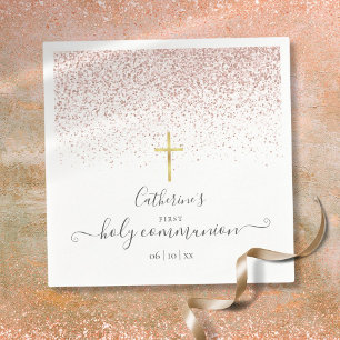 Serviette En Papier Communion solennelle paillettes or rose moderne