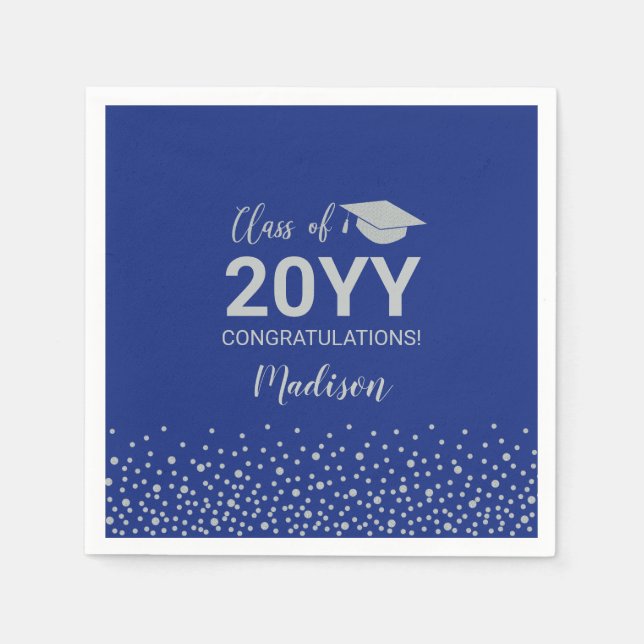 Serviette En Papier Confetti Argent & Bleu Classe de Graduation Party (Devant)