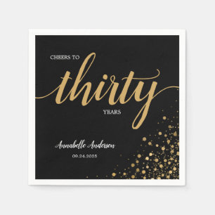 Serviette En Papier Confetti d'or Noir moderne Cheers 30e anniversaire