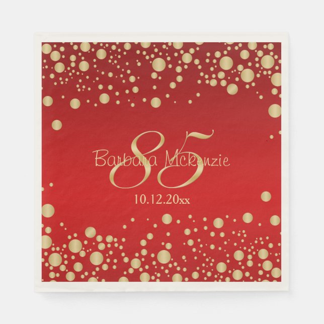 Serviette En Papier Confetti d'or sur rouge fête du 85e anniversaire (Devant)