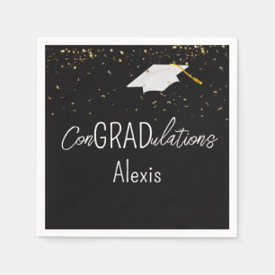 Serviette En Papier Confettis dorés de remise de diplôme et toque blan
