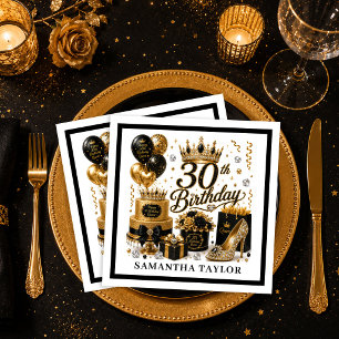 Serviette En Papier Confettis Or Et Noir Paillettes Luxe 30ème Anniver