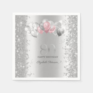 Serviette En Papier Confettis Pailletés Argent Ballons Roses 80 ans