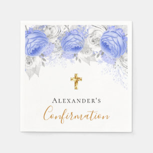 Serviette En Papier Confirmation bleu floral blanc nom garçon gars