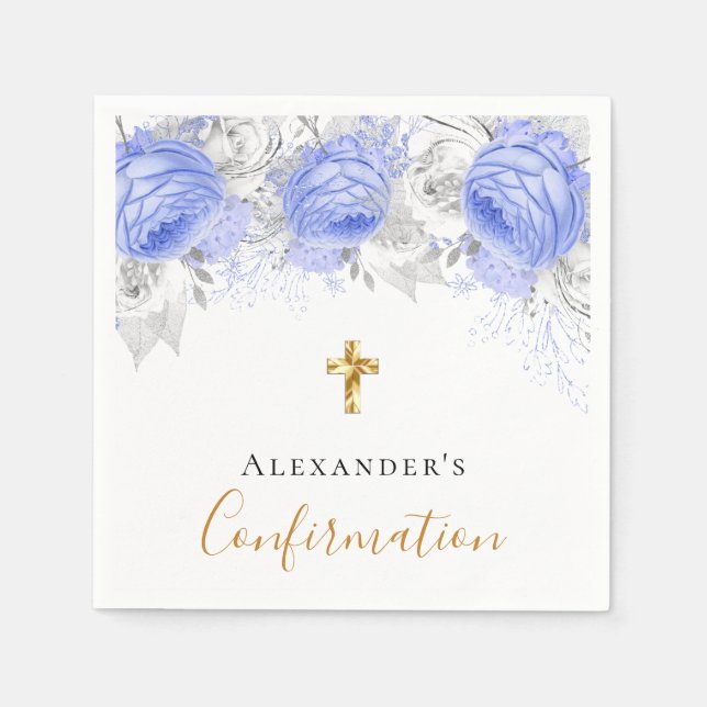 Serviette En Papier Confirmation bleu floral blanc nom garçon gars (Devant)