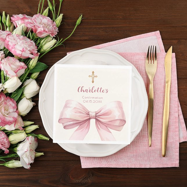 Serviette En Papier Confirmation blush pink bow cream cross luncheon (Créateur téléchargé)