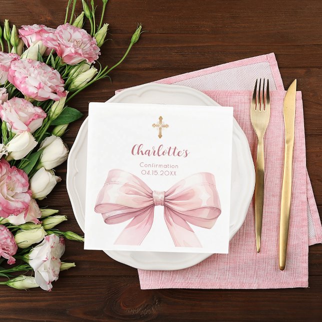 Serviette En Papier Confirmation blush pink bow cross luncheon (Créateur téléchargé)