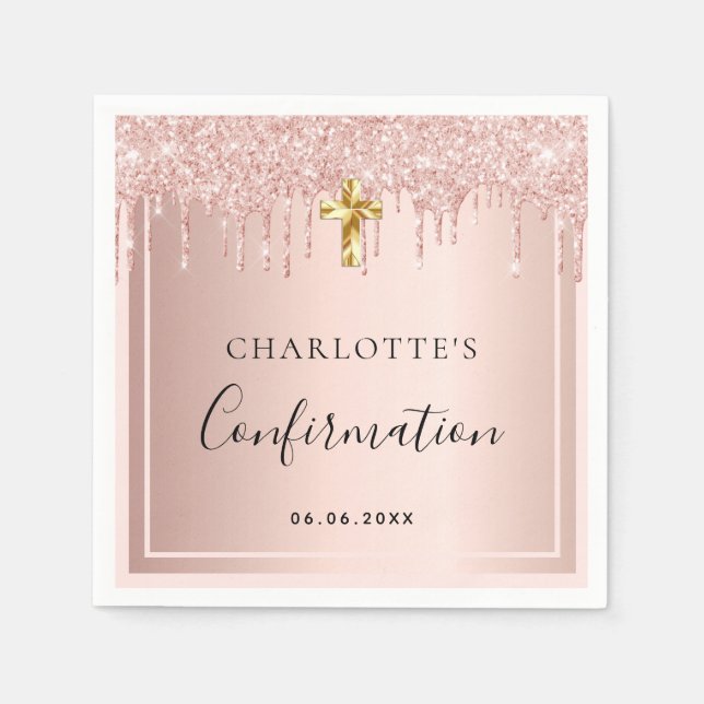 Serviette En Papier Confirmation blush rose or nom fille (Devant)
