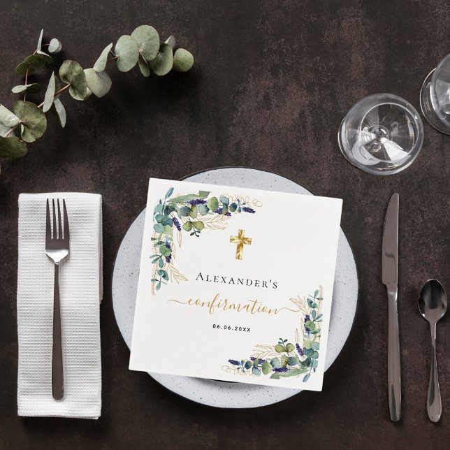 Serviette En Papier Confirmation de l'eucalyptus vert monogramme (Créateur téléchargé)