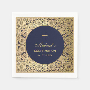 Serviette En Papier Confirmation Elegant Vintage Gold Roses Marine Ble