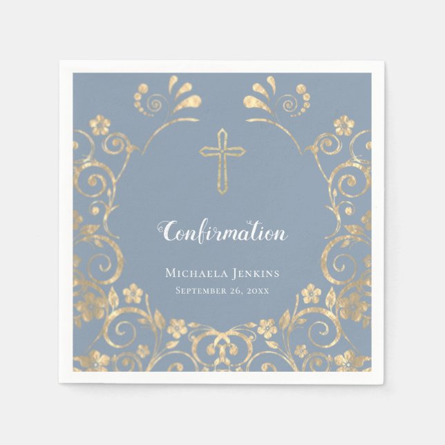 Serviette En Papier Confirmation élégante Dusty Blue et Gold (Devant)