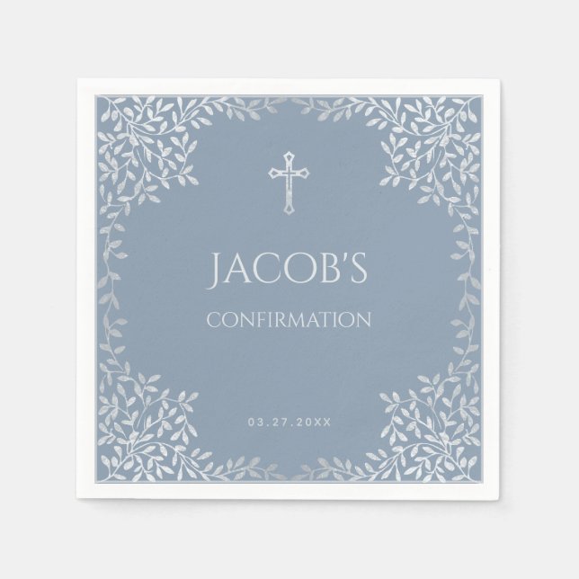 Serviette En Papier Confirmation Garçon Dusty Bleu Élégant Feuilles d' (Devant)