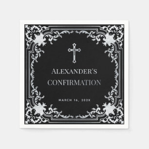 Serviette En Papier Confirmation Garçon Noir Élégant Vintage Faux Arge