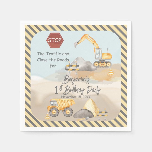 Serviette En Papier Construction Dump Truck Boy fête le 1er anniversai (Devant)