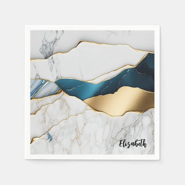 Serviette En Papier Cool Blanc Turquoise Marbre Pierre Or (Devant)