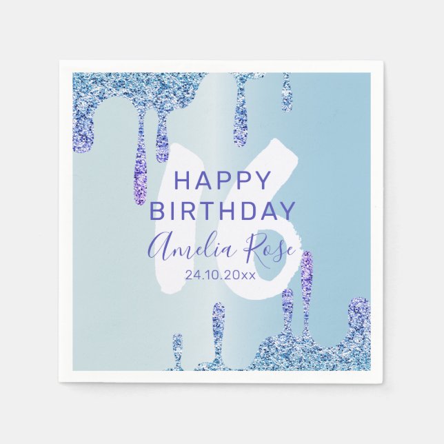 Serviette En Papier Cool Joyeux Anniversaire Parties scintillant Bleue (Devant)