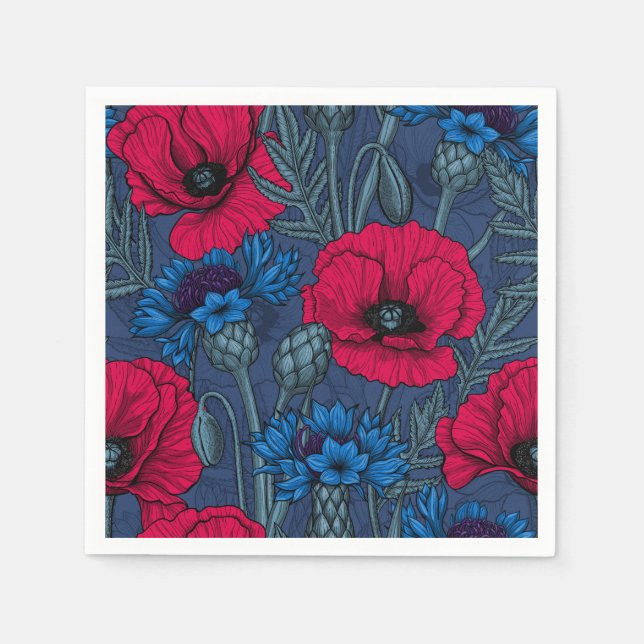 Serviette En Papier Coquelicots rouges et fleurs bleues sur bleu (Devant)